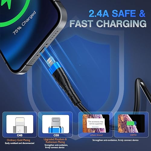 Miniatura 3 de OIITH Paquete de 3 cables de carga de 6 pies con certificación MFi para iPhone, largo para cable de carga Lightning, cable USB rápido de 2.4 A para
