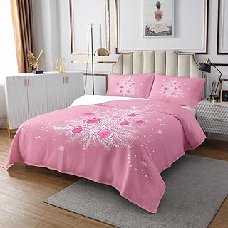 Merry Christmas Bedspread Set Queen Size for Kids,Boys Girls Pink Trees Quilt Set Geometric Snowflake Bedspread Coverlet Xmas Theme Bedspread 3 Piece Decorative Bedding Quilted with 2 Pillow Shams