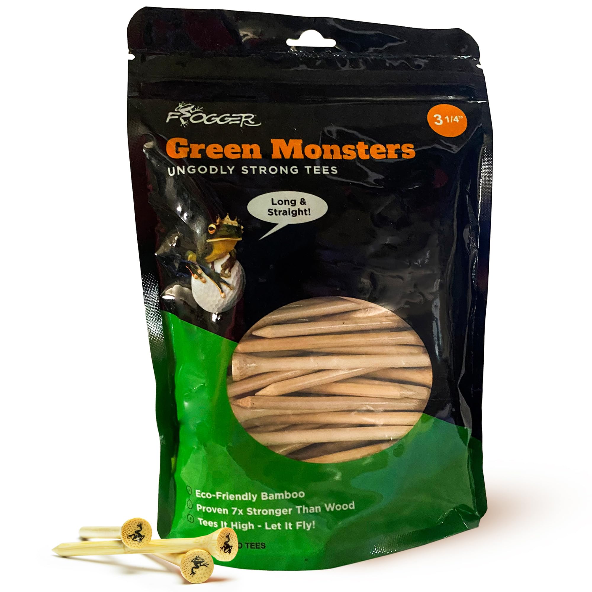Green Monsters Premium Golf Tees, Made from Ultra-Strong and Sustainable Bamboo, Stronger Than Traditional Hard Wood Tees, 1-1/8", 2-3/4", and 3-1/4" Available