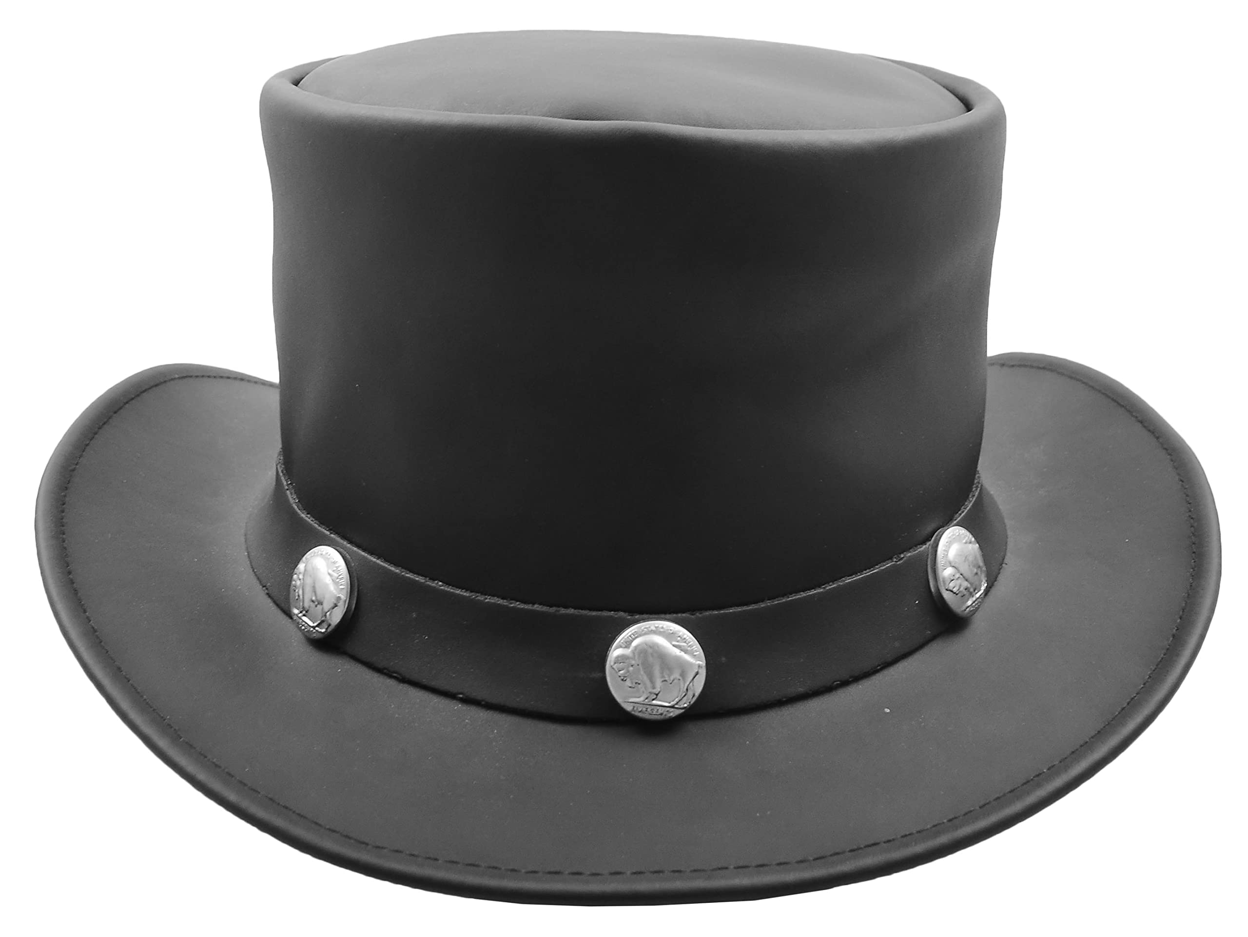Cappello a cilindro in vera pelle di mucca nero Buffalo Coins Band Steampunk Mago Cappelli HL0011