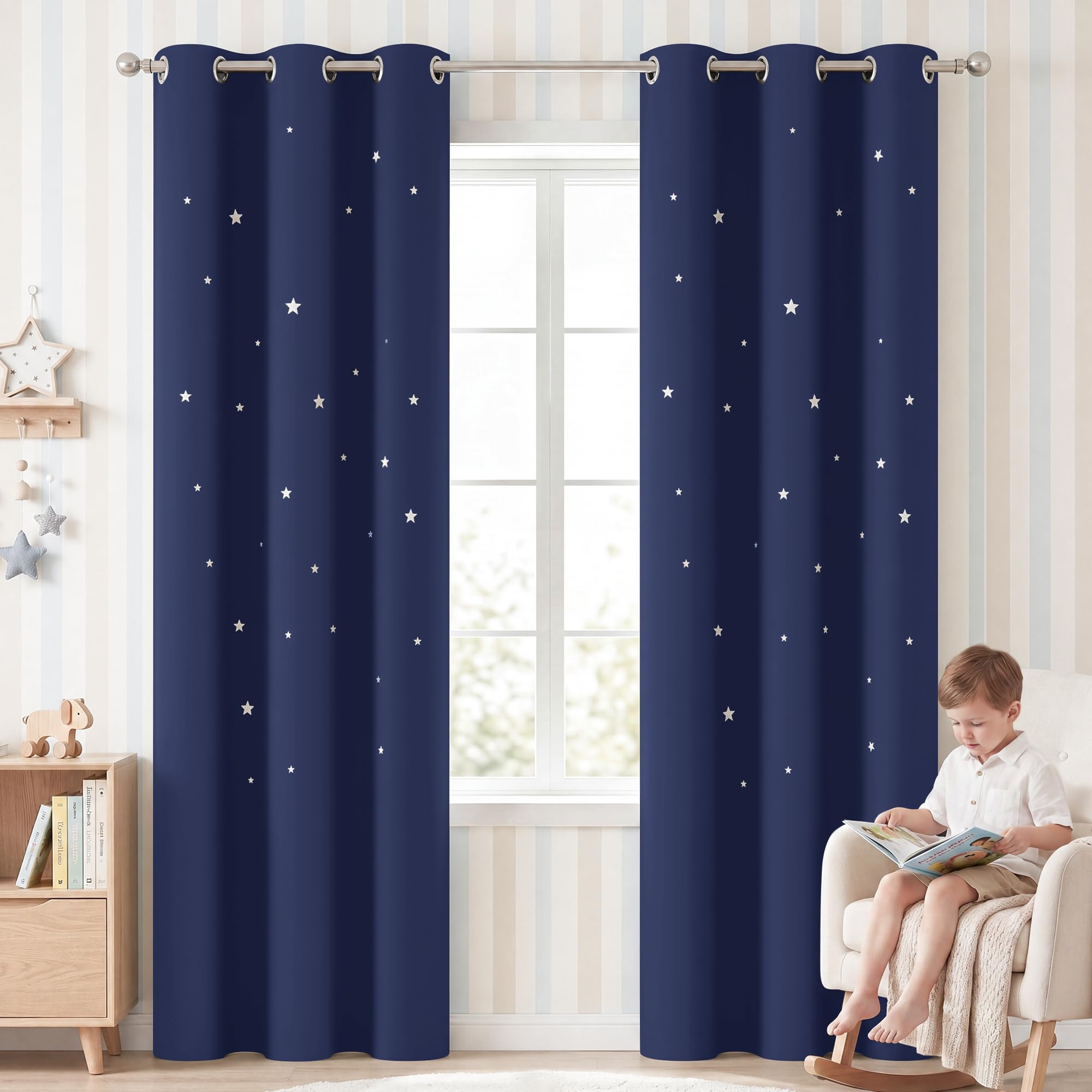 NICETOWN Star Themed Kids Curtains - Grommet Top Thermal Insulated Window Draperies with Die Cut Stars Bedroom/Home Theater/Living Room (42 inches Width, 84 inches Length, Navy Blue, 2 Panels),Adult