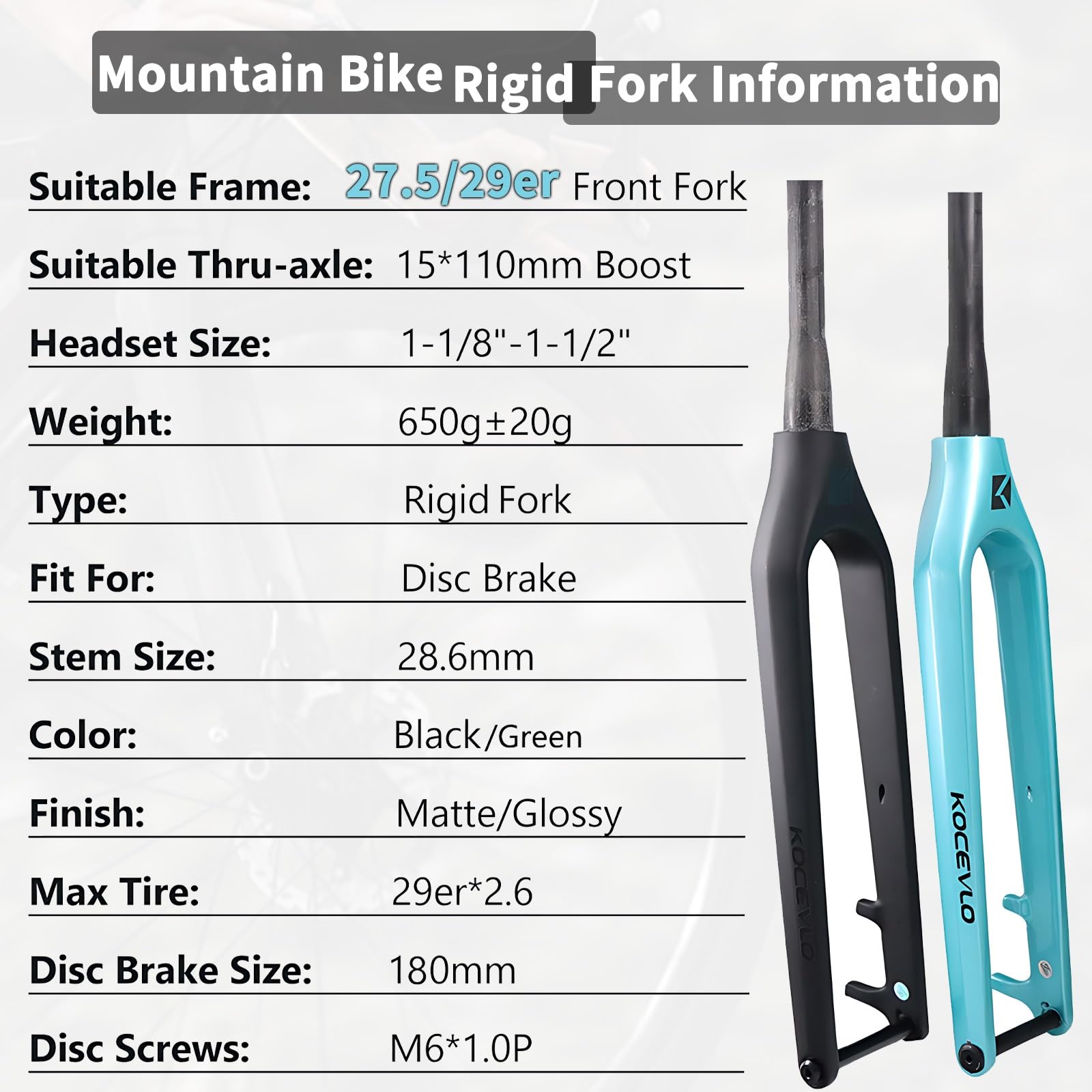 Fourche Rigide en Carbone pour VTT 27,5/29pouces Fourche De Vélo 1-1/2 Pouce Fourche Avant Conique Boost Axe Traversant 15 X 110mm Frein À Disque(29in-Green)