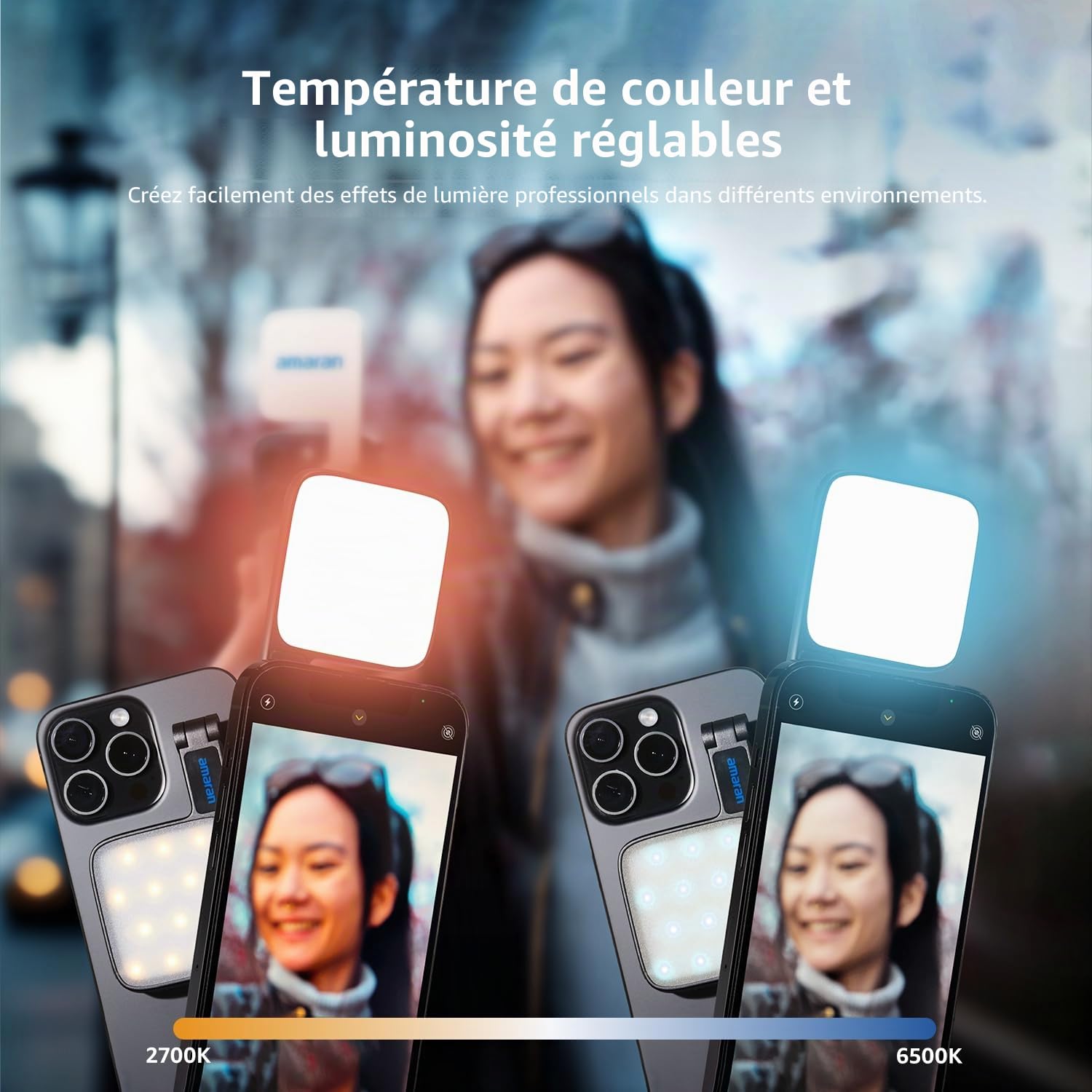 amaran Go Mini Lumière Téléphone, LED Magnétique avec Lumière Miroir, CCT Réglable 2700K à 6500K, 10 Effets Lumineux, Charge Rapide USB-C, Éclairage Doux et Précis pour Créateurs Mobiles-Fusain
