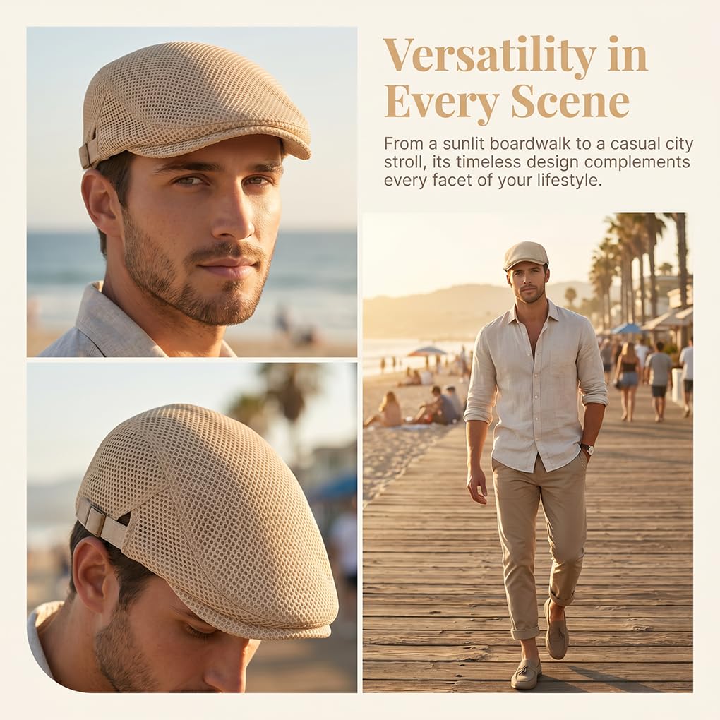 YAMEE Berretto Piatto da Uomo Estivi in Rete,Cappello Flat cap Newsboy Vintage,Berretto da Strillone Estivo Traspirante,Coppola Uomo Estiva (Circonferenza della Testa: 56-60 cm)