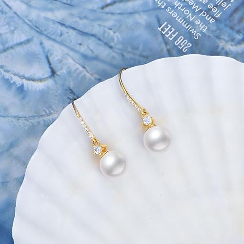 Miniatura 5 de Real 10k Gold Created Moissanite and Freshwater Cultured Pearl Dangle Earring for Women, Fine Jewelry Gifts for Her