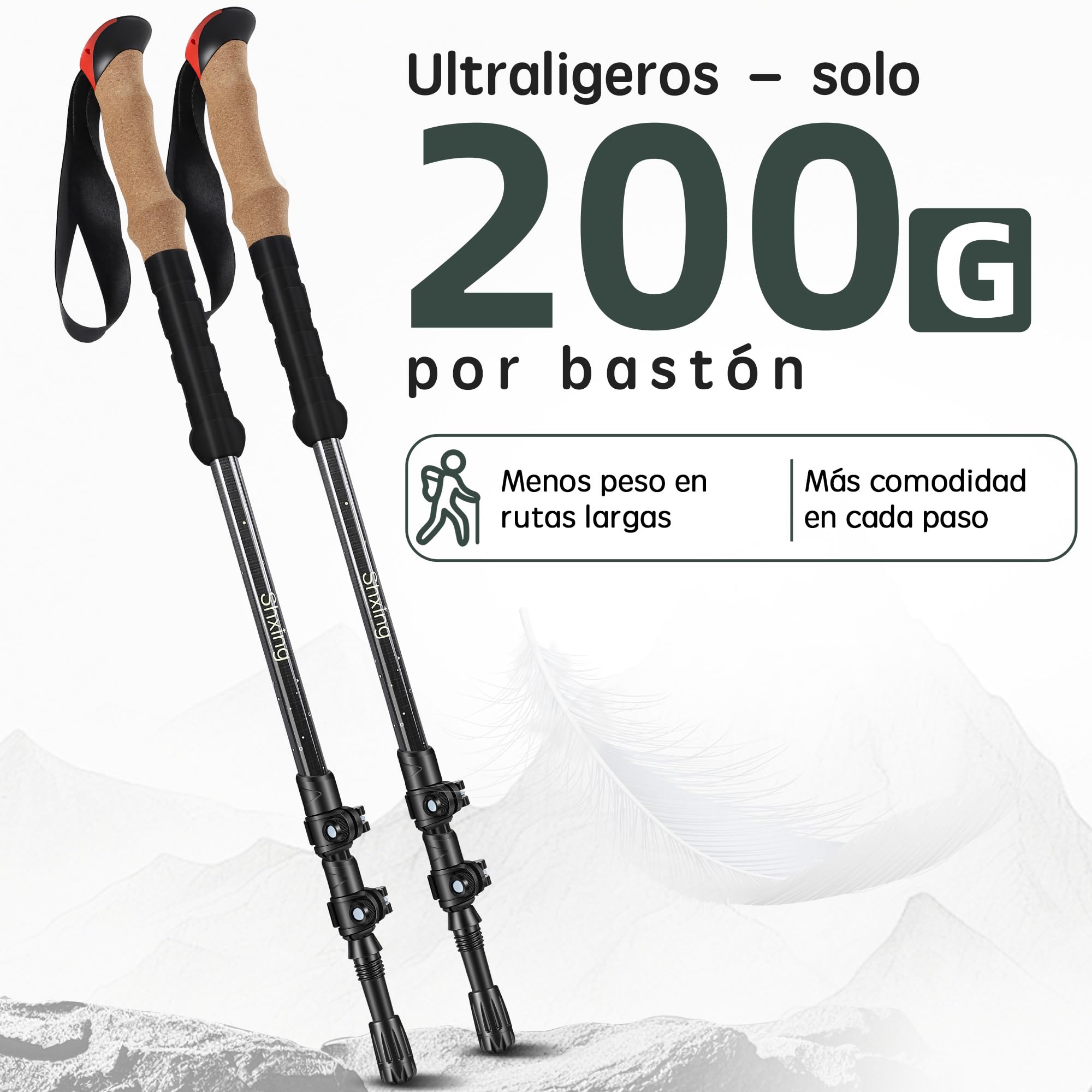 Bastones de Trekking telescópicos 2 Unidades, 200 g Cada uno, 62–135 cm, Carbono, empuñadura de Corcho + EVA, Cierre de Aluminio, para Trekking y Marcha nórdica