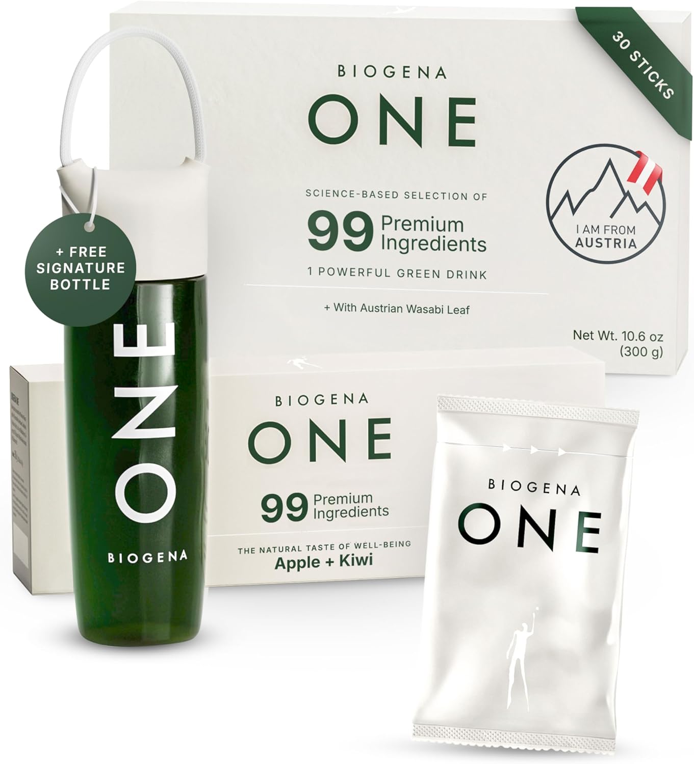 BIOGENA ONE All-in-one Super Greens Powder - 30 Travel Packs + Shaker - Supports Energy Metabolism & Immune Function**- 99 Nutrients with Probiotics, Vitamins & CoQ10 - No Added Sugar - Apple-Kiwi