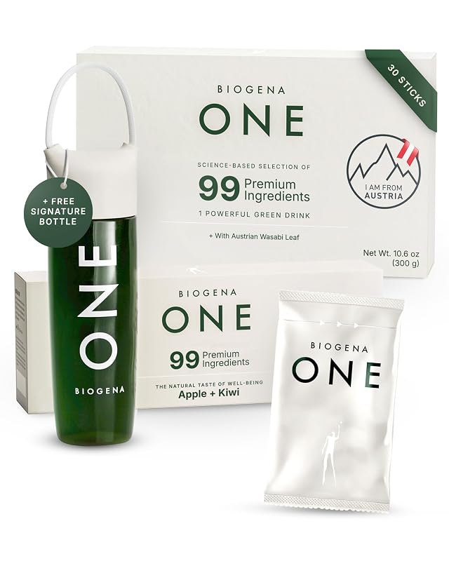 BIOGENA ONE Suplemento multivitamínico e multimineral em pó com probióticos, CoQ10 e 5 bilhões de UFC, sabor maçã-kiwi, 30 sachês e shaker