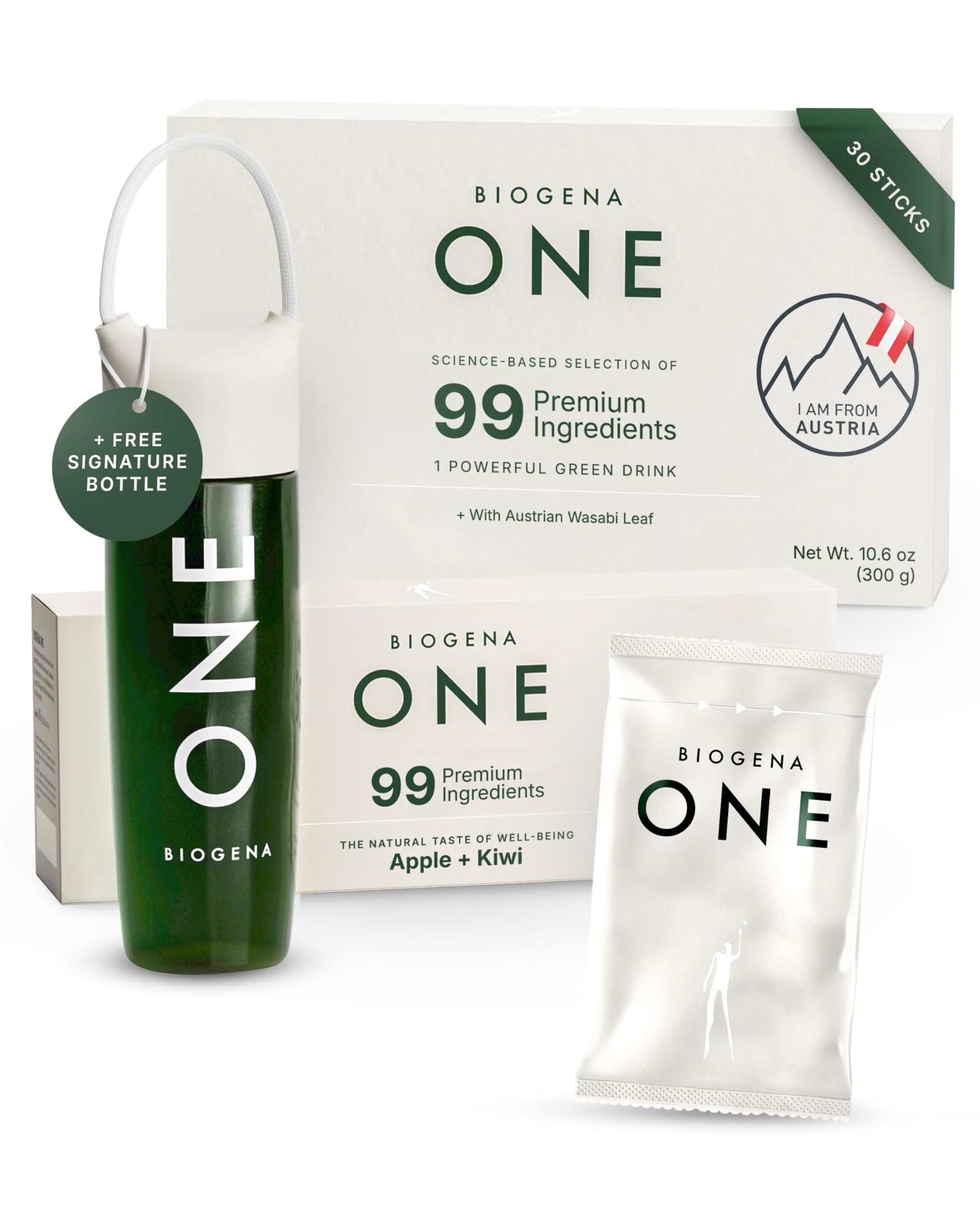 BIOGENA ONE All-in-one Super Greens Powder - 30 Travel Packs + Shaker - Supports Energy Metabolism & Immune Function**- 99 Nutrients with Probiotics, Vitamins & CoQ10 - No Added Sugar - Apple-Kiwi