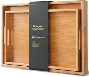 Fibogollo Bamboo Set of 2 Serving Trays with Handles, Decorative Platters for Food and Drinks