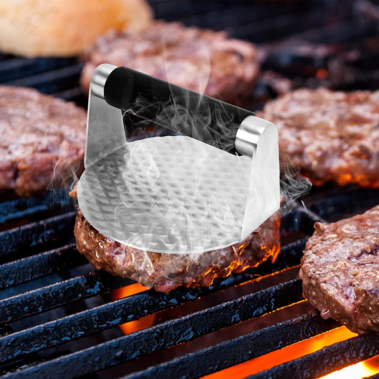 Kit Hamburger PRO Con Pressa In Acciaio Inox - Include Spatola, Campana, Carta Antiaderente E Pennello | Per BBQ E Campeggio - Foto 7