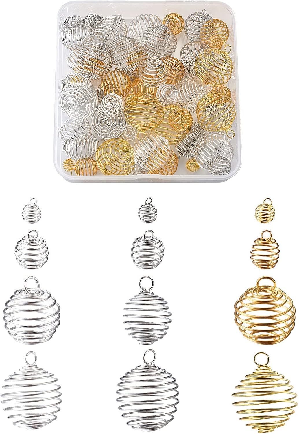 60pcs Iron Hollow Round Spiral Bead Cages 3 Colors Filigree Wire Ball Dangle Charms Stone Holder Pearl Cages for DIY Bracelet Necklace Jewelry Crafts Making Hole: 1-2.5mm