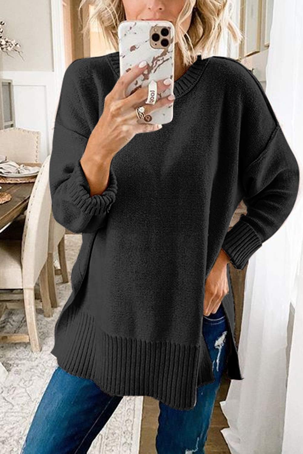 MEROKEETY Women's Fall Winter Oversized Pullover Sweater Spring Casual Loose Crew Neck Long Sleeve Side Split Jumper Tops - Image 2