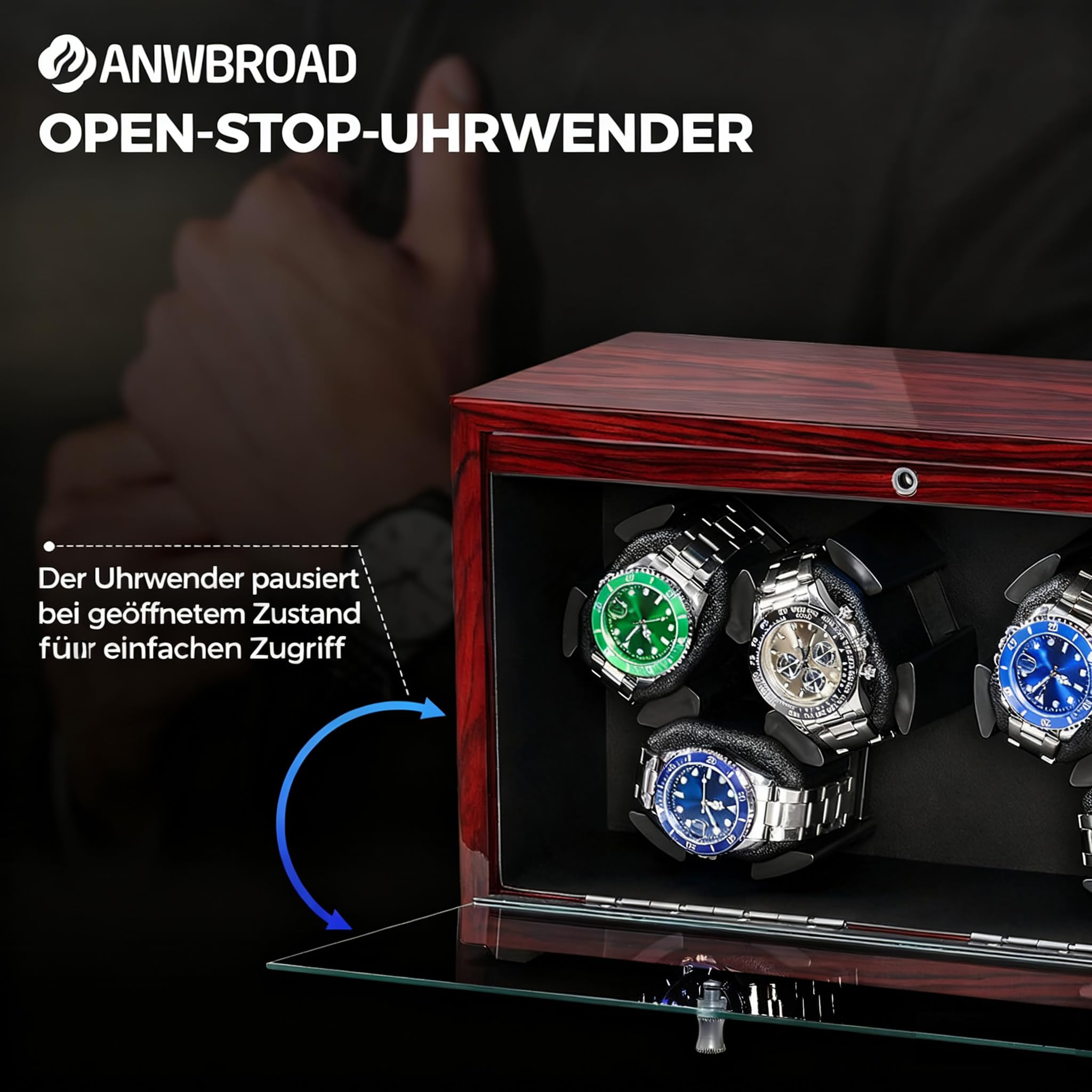 ANWBROAD Uhrenbeweger 6 Uhrenspinner mit LED Automatik Uhrenbeweger | Super leisem Motor Uhrenrotator 4 Drehmodi Uhrenbeweger Box Watch Shaker mit USB-Kabel Geschenk JWW003Y