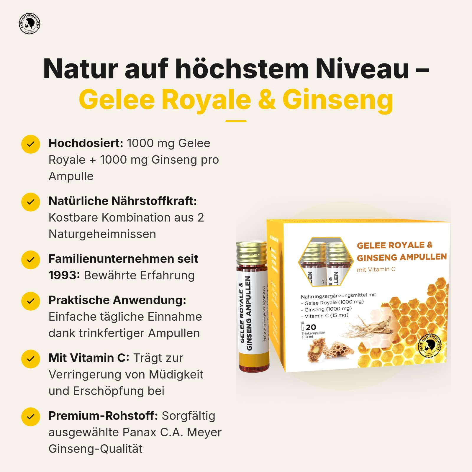 AKTIV NATURHEILMITTEL Gelee Royale & Ginseng Trinkampullen, 20 Stück | je 1000mg Gelee Royale, 1000mg Ginseng (Panax), mit Vitamin C, Familienunternehmen seit 1993