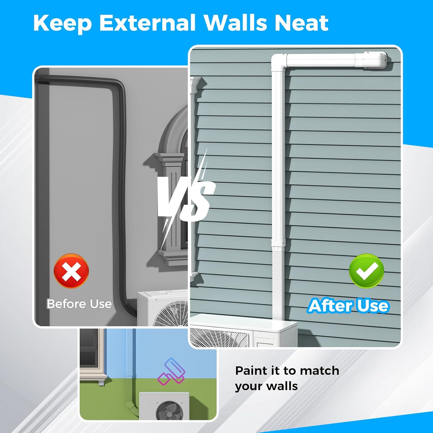 Image showing a 'Before Use' scenario with exposed AC lines and an 'After Use' scenario with the DORTALA line set cover installed, demonstrating a neat external wall. It also shows an option to paint the cover.