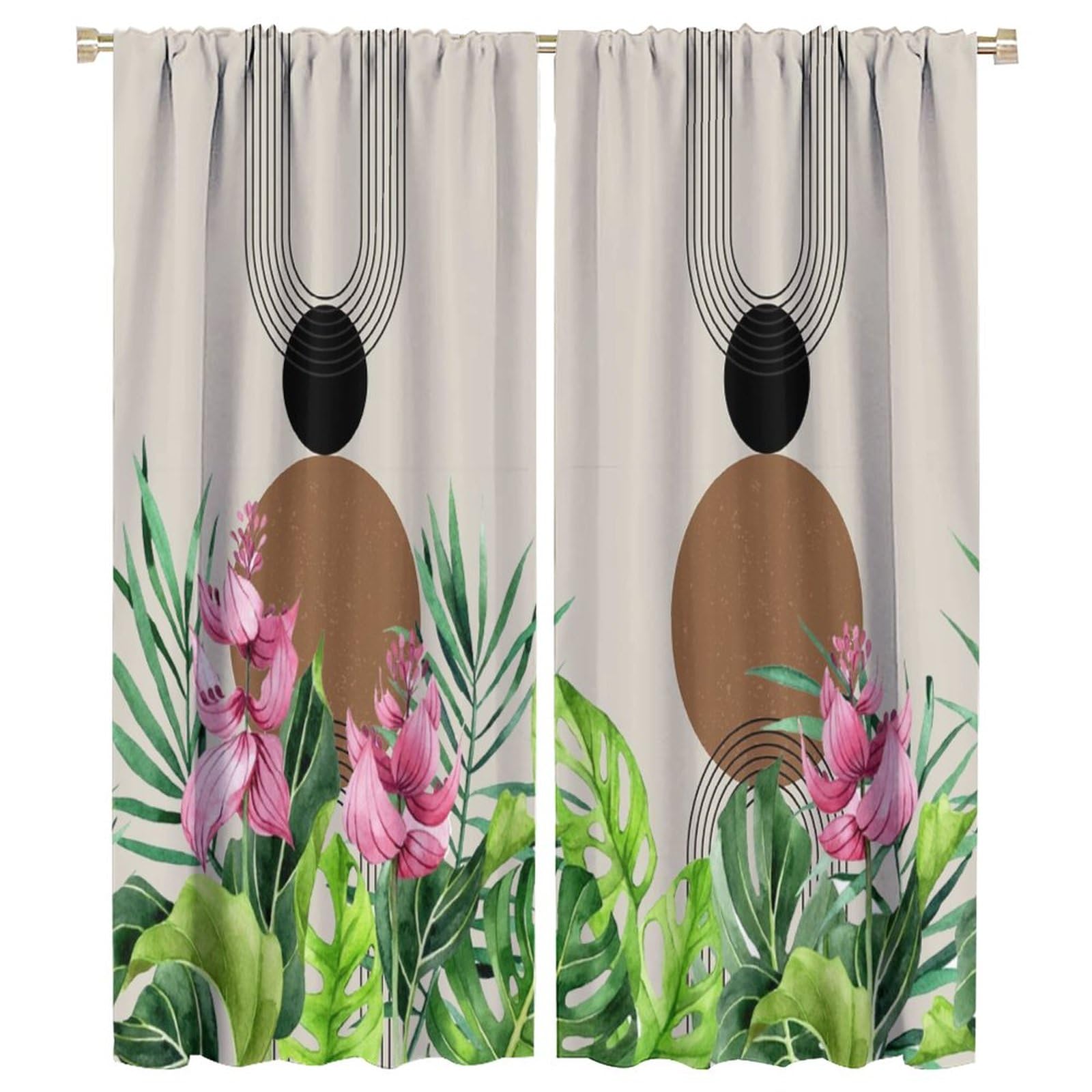 Boho Mid Century Blackout Curtains - Abstract Modern Mountain Sunrise with Leaves for Home Kitchen Livingroom Coffee Room Curtains Window Drapes 2 Panels W42xL54 Inch