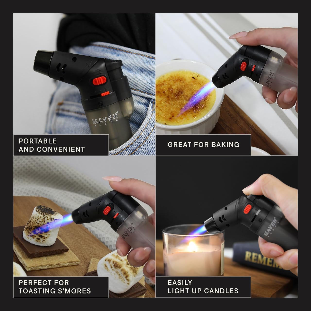 Alpha+ Torch Lighters, 5 Pack, Refillable Butane Gas Lighters, Adjustable Jet Flame, Windproof Mini Pocket Torch for Kitchen, Candles, Cooking, Baking, BBQ, Camping (Butane Not Included) (Transparent)