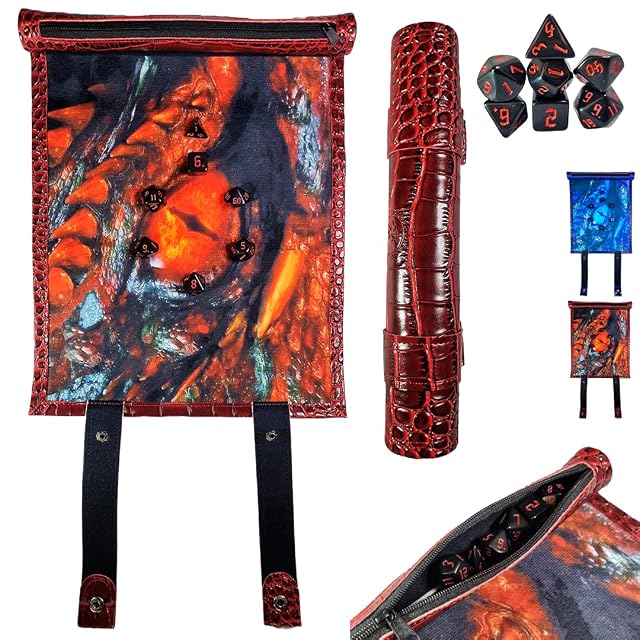 POWER BEAST Dungeon 2 en 1 Bolsa para Dados Dragon + Tablero y Bandeja rol Enrollable + Juego de 7 Dados rol
