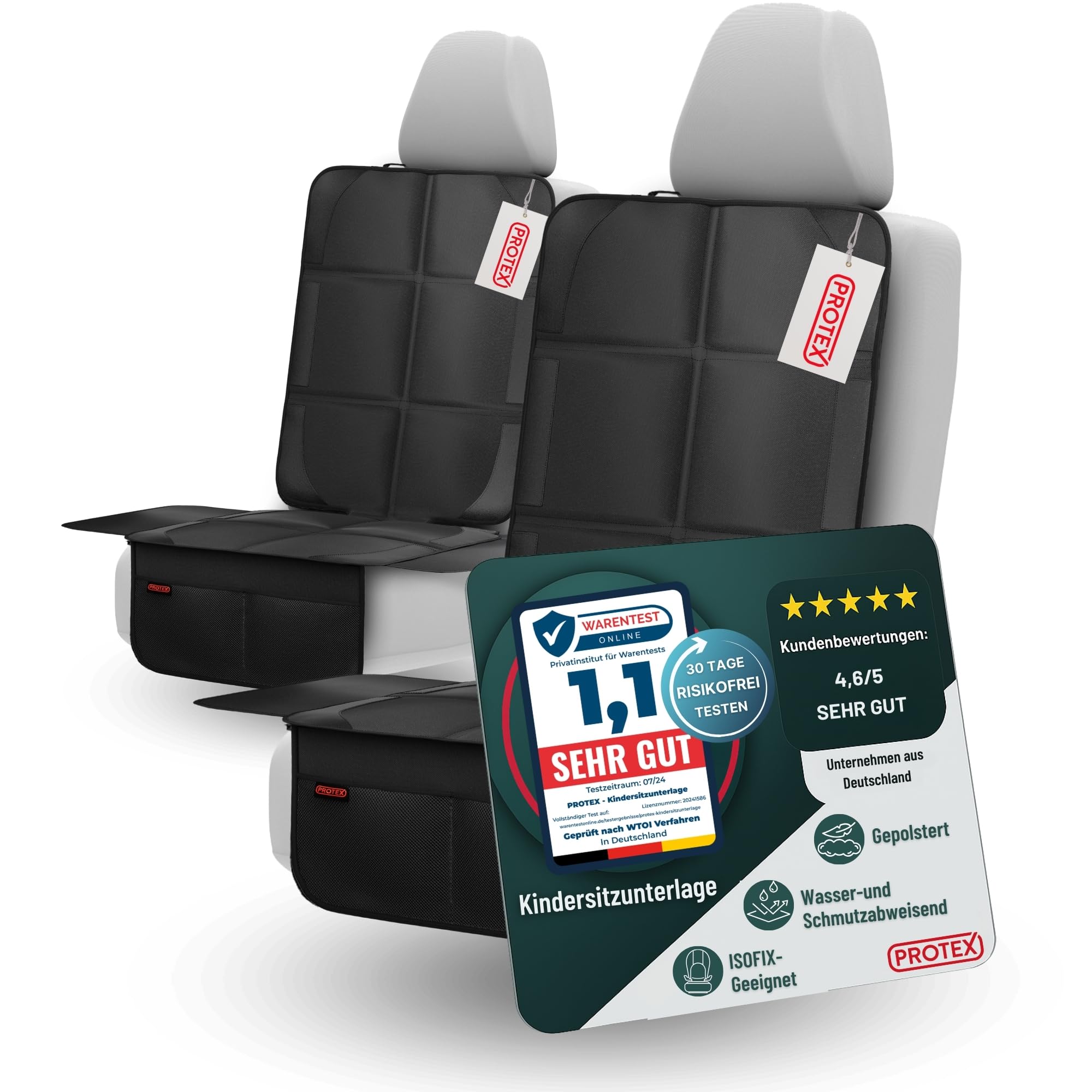 PROTEX© Podkładka pod fotelik dziecięcy [zwycięzca testu 2025] nadaje się do ISOFIX | wodoodporny materiał poliestrowy z wyściełanym siedziskiem | L (dwupak)