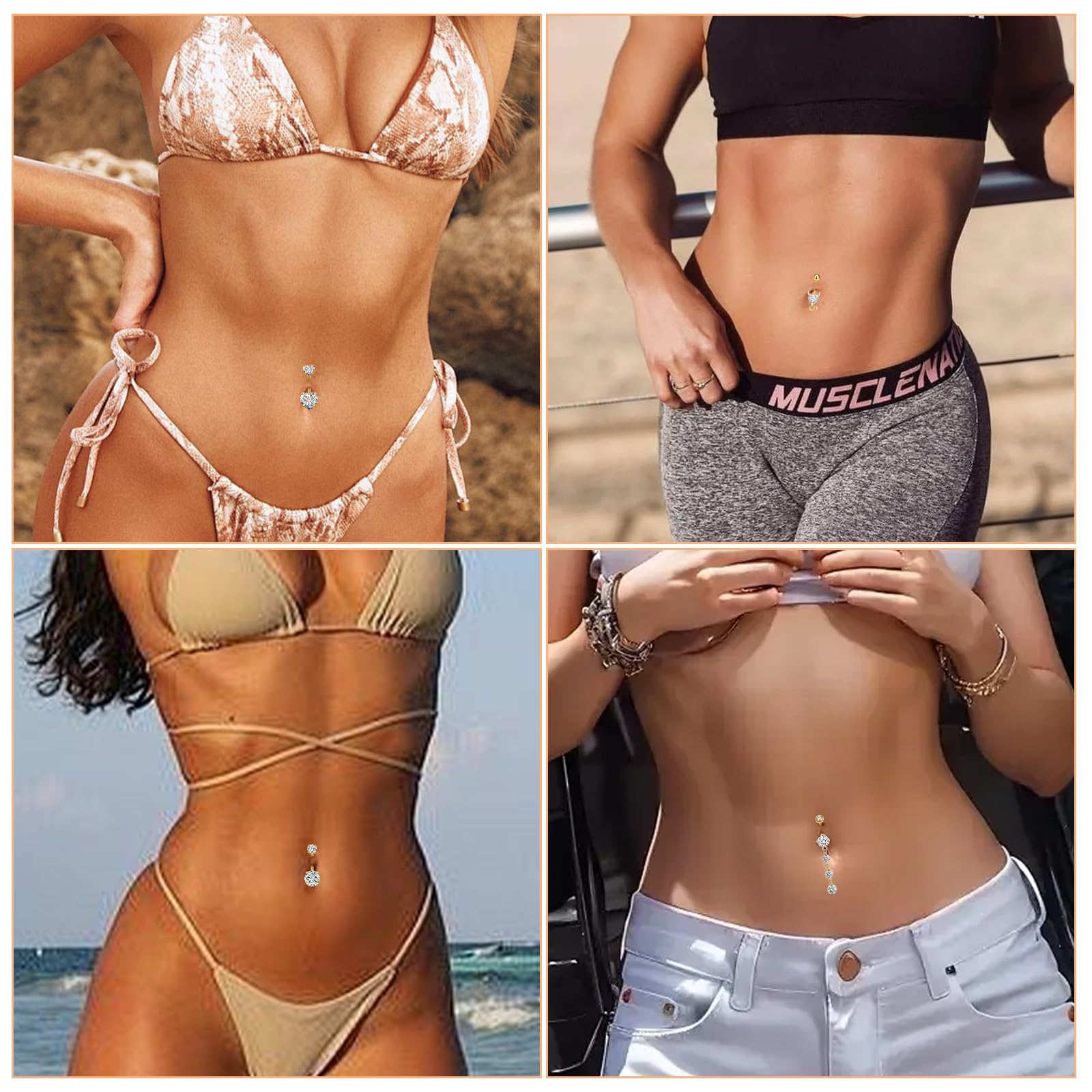6 kolczyków do pępka, kolczyk do pępka złoty, biżuteria do pępka na lato, piercing brzucha ze strasem, kolczyk do pępka łatwy do wymiany, modne sztangi do pępka