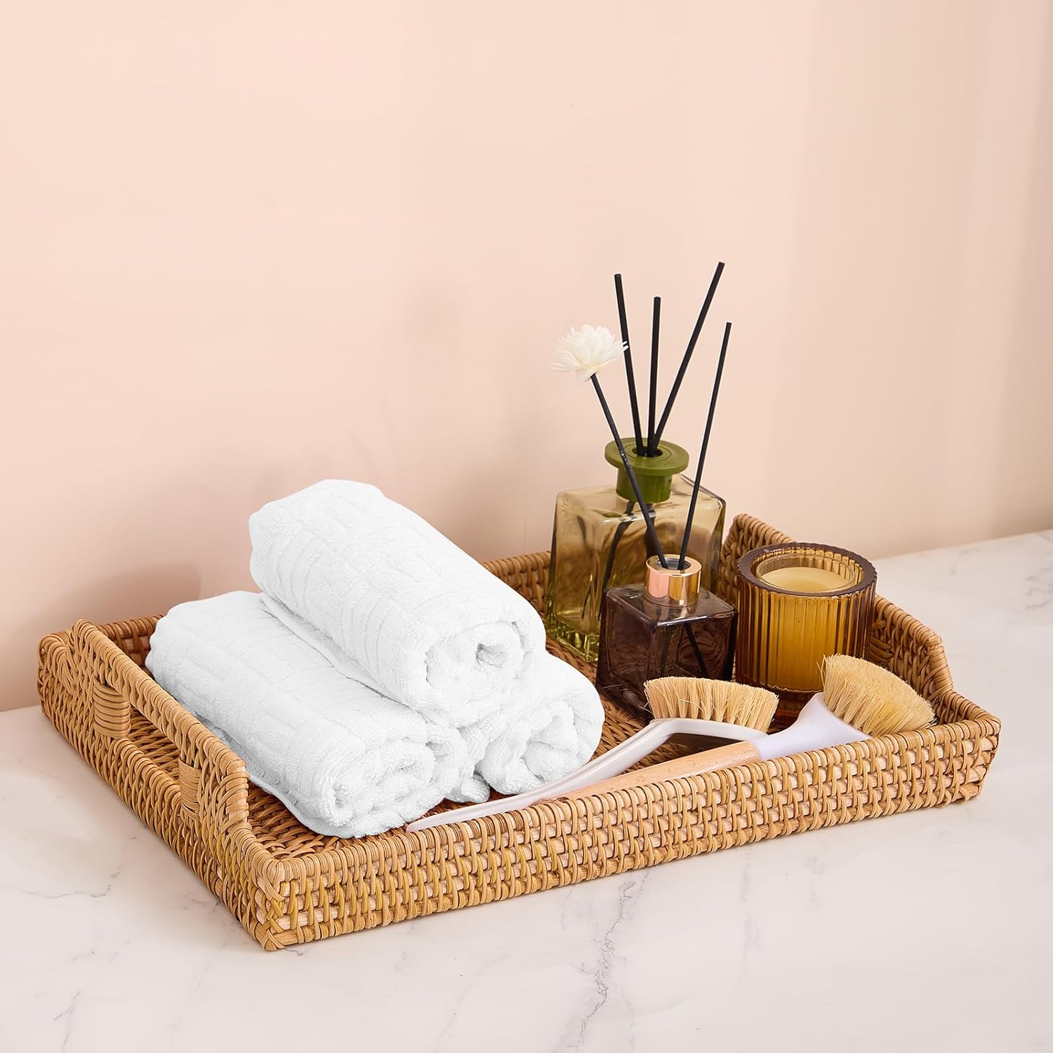 Rattan Rectangular Serving Tray with Handles, Hand-Woven Wicker Decorative Tray for Coffee Table,Vintage Boho Style Decor for Dining, Kitchen, Bathroom, Outdoor(14.4"x10.4"x1.4") - Image 3