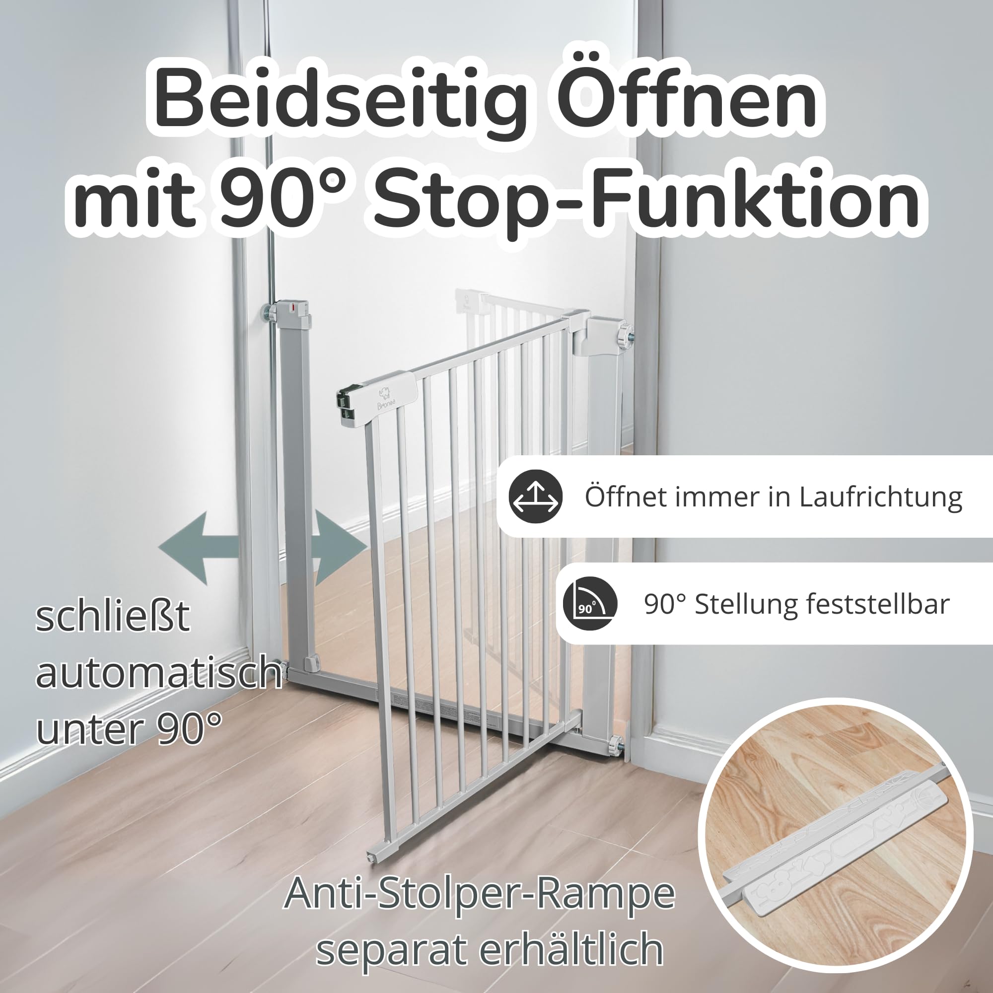 Luca Treppengitter ohne Bohren | Türgitter & Treppenschutzgitter zum Klemmen | verlängerbar 75-194 cm | Auto-Close, 90° Stop, beidseitig schwenkbar (152-159 cm)