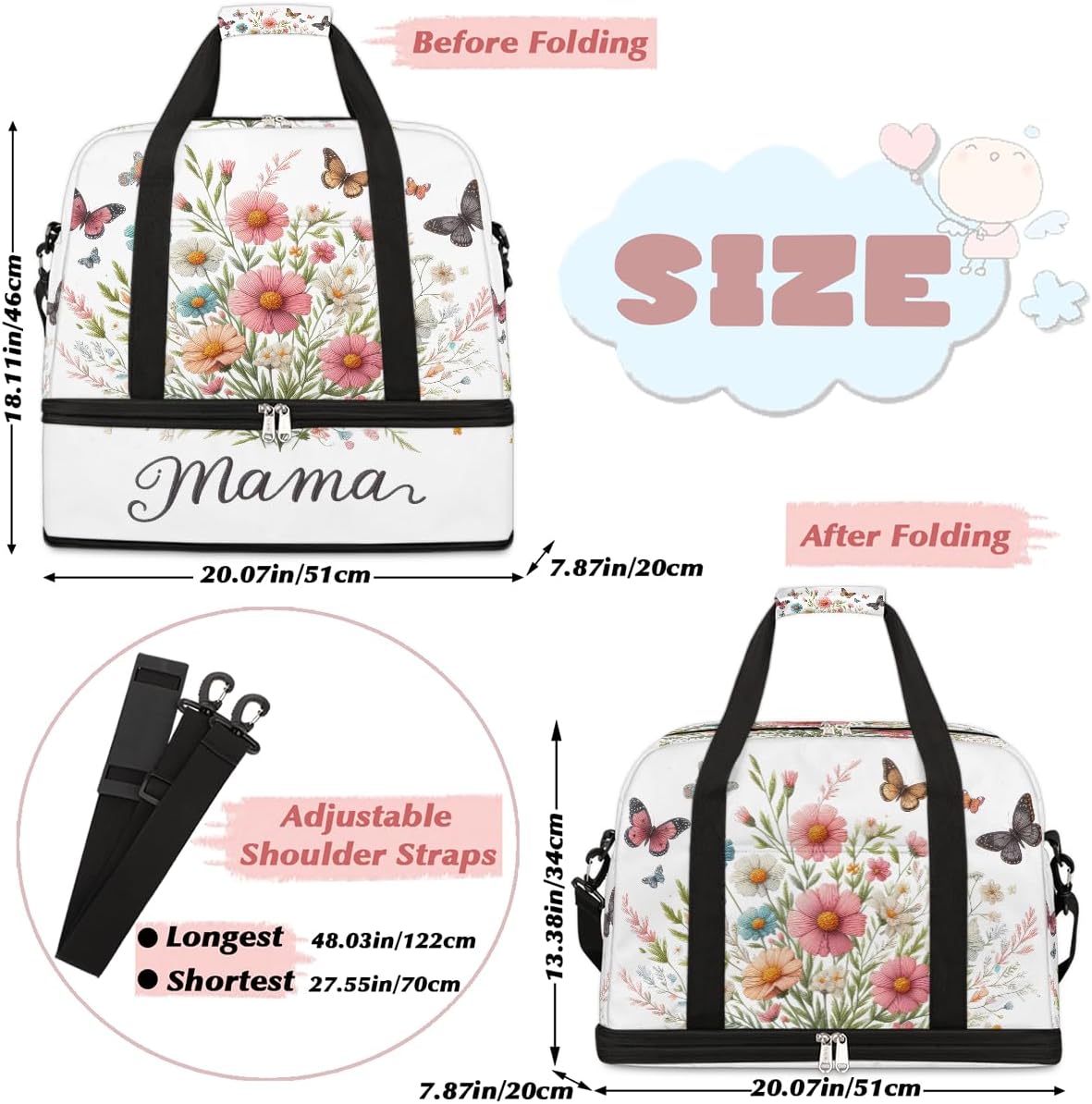 Flower Mother'S Day Butterfly Large Weekender Overnight Bags Travel Duffel Bag for Women Men Gym Bag With Shoe Compartment Foldie Travel Tote Bag Carry On Personal Item Bag for Travel Gym Sports