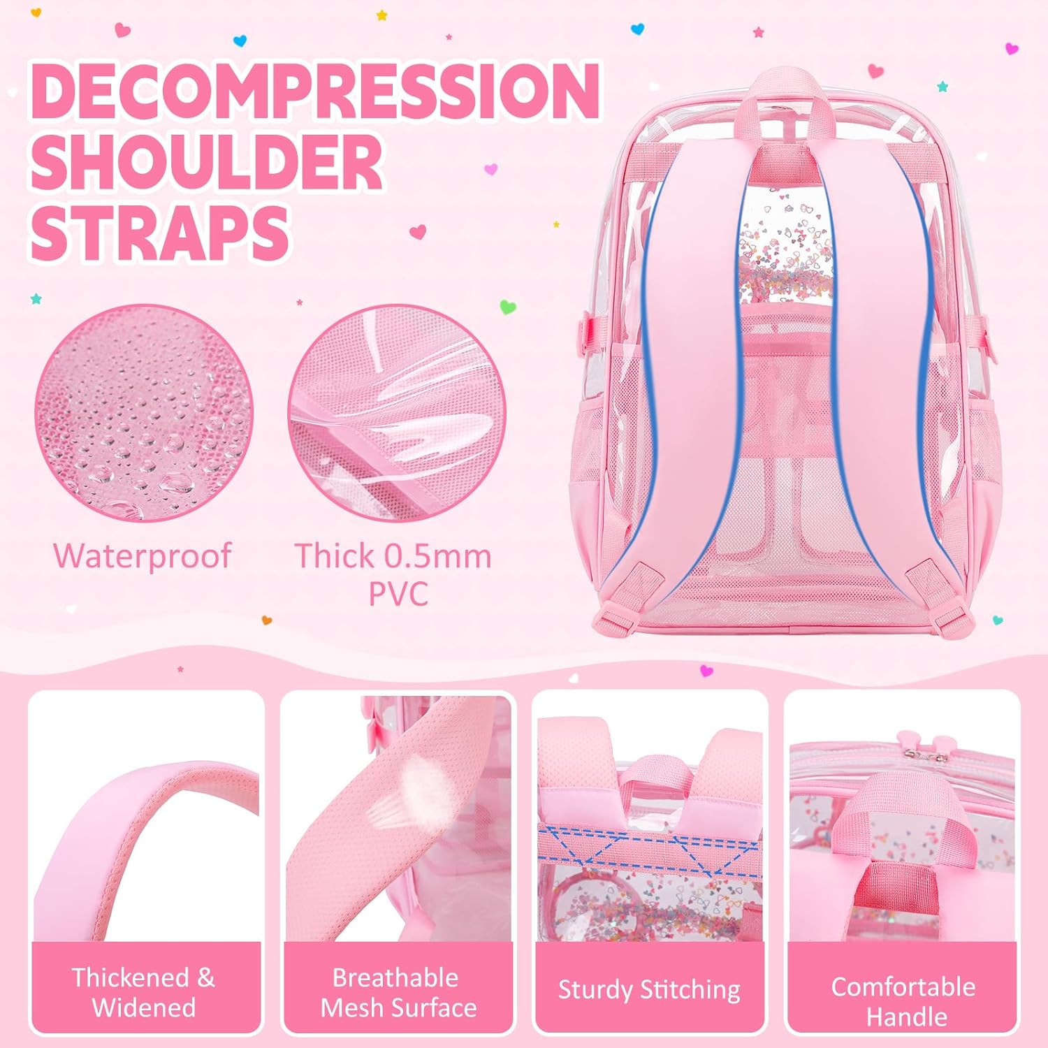 Clear Backpack for Girls School Clear Bookbag Stadium Events Heavy Duty Transparent Back Pack, Pink - Image 6