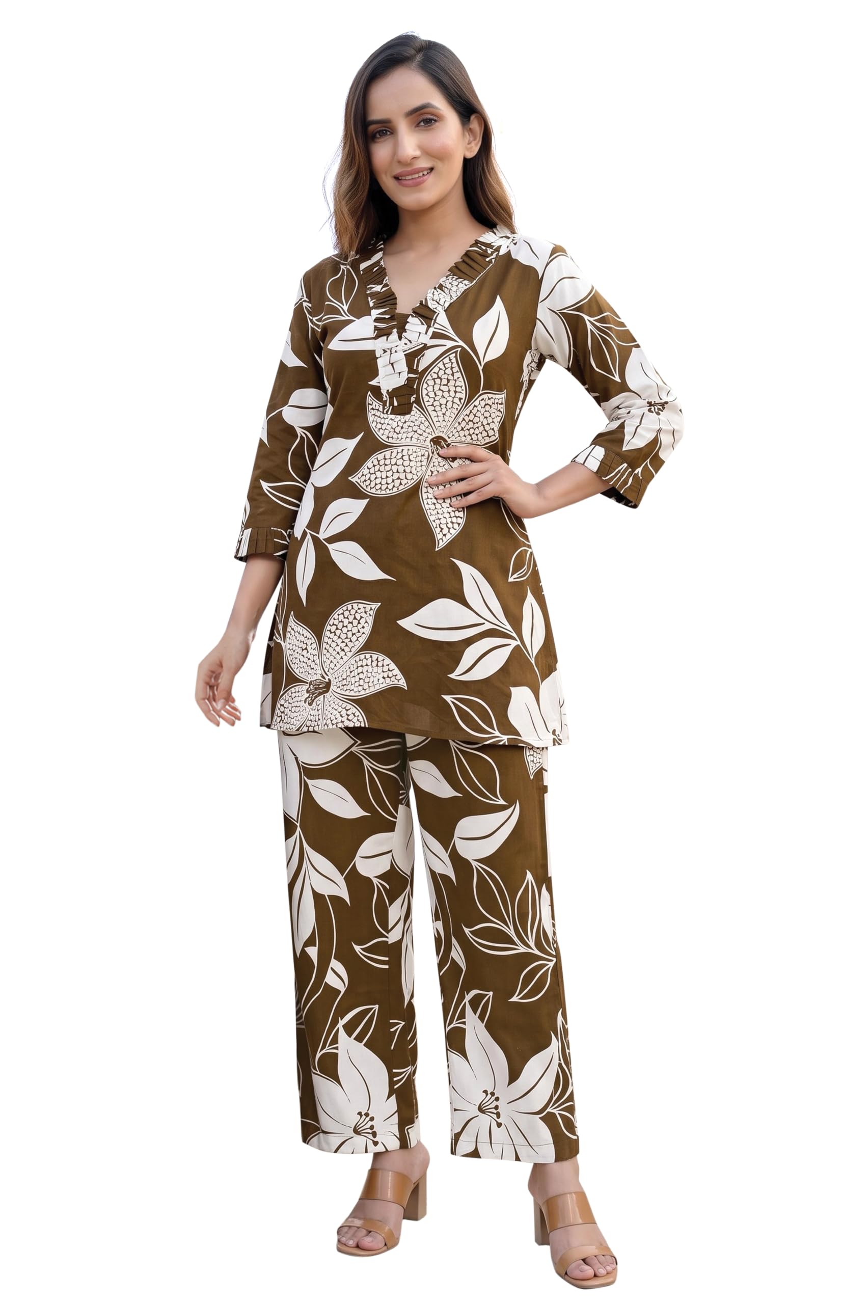 Women's Straight Fit Pure Cotton Floral Print 2 Piece Co-Ord Set with Palazzo (K10333 - Coffee Brown,Off White - M)-image-13