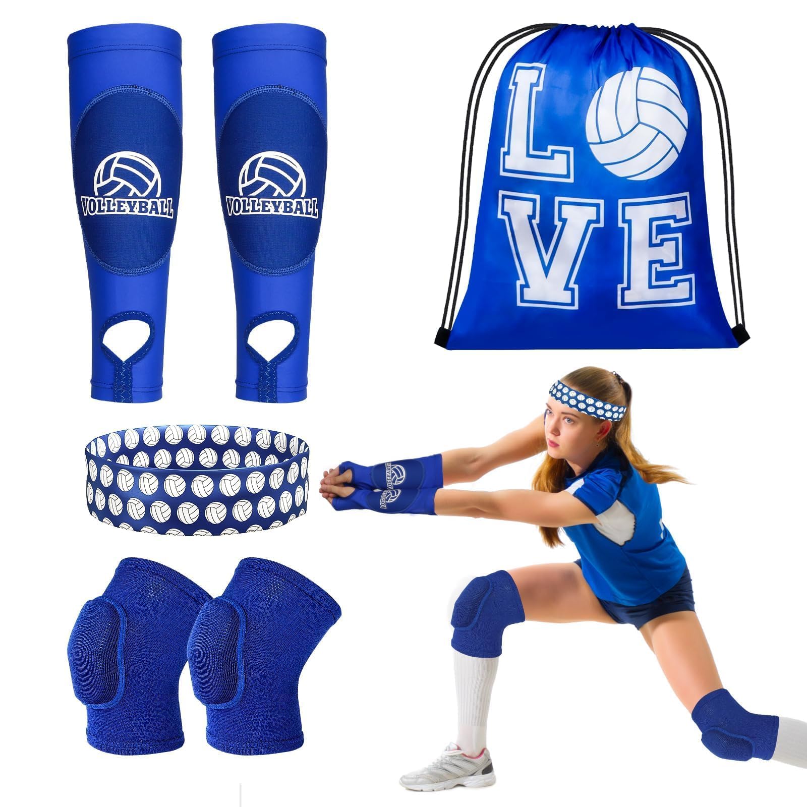 Gosodeny 6 Pcs Volleyball Accessories, Include Volleyball Knee Pads Arm Sleeves Drawstring Bag Softball Headbands Volleyball Protection Equipment