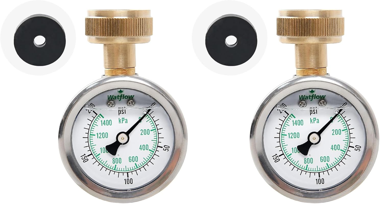 Watflow 2" Glycerin Filled Stainless Steel Water Pressure Test Gauge, Garden Hose Pressure Gauge, House Water Pressure Gauge, 3/4" Female Hose Thread, 0-200 psi/kpa (Pack of 2)