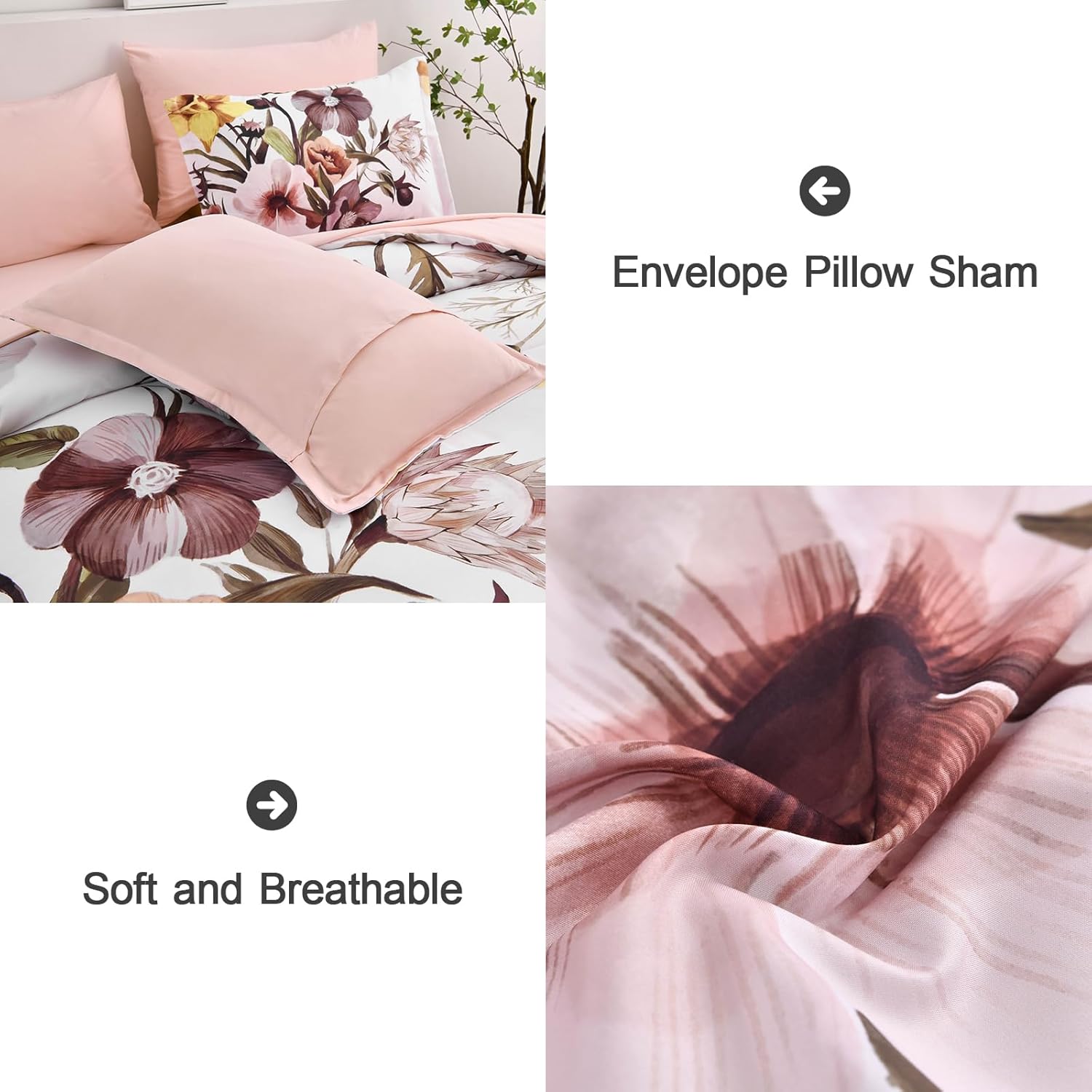 Luxudecor Floral Comforter Set Queen Size 7 Piece, Blush Flower Bed in a Bag, Elegant Floral Comforter with Sheet Set, Soft Microfiber Bedding Set for All Season (Blush, 90"x90") - Image 5