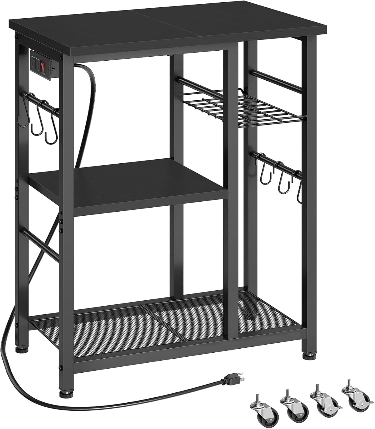 Movable Bakers Rack, Microwave Stand with Charging Station, Kitchen Storage Rack with Hooks and Basket, Casters and Adjustable Feet, for Small Space, Kitchen, Dining Room, Black HB04UBB
