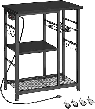 YATINEY Movable Bakers Rack, Microwave Stand with Charging Station, Kitchen Storage Rack with Hooks and Basket, Casters and Adjustable Feet, for Small Space, Kitchen, Dining Room, Black HB04UBB
