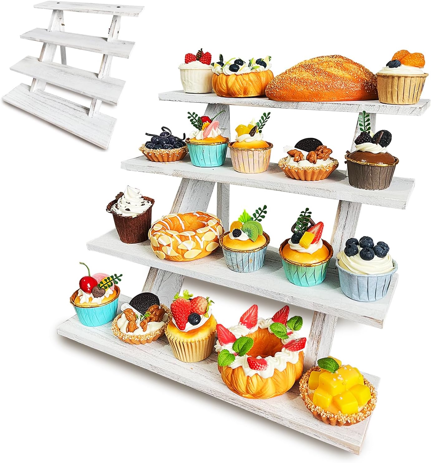 Wooden Cupcake Stand 4 Tier White Cupcake Stand Rustic Wood Cake Stand for 24 Cupcakes Wedding Cupcake Display white 4-Tier