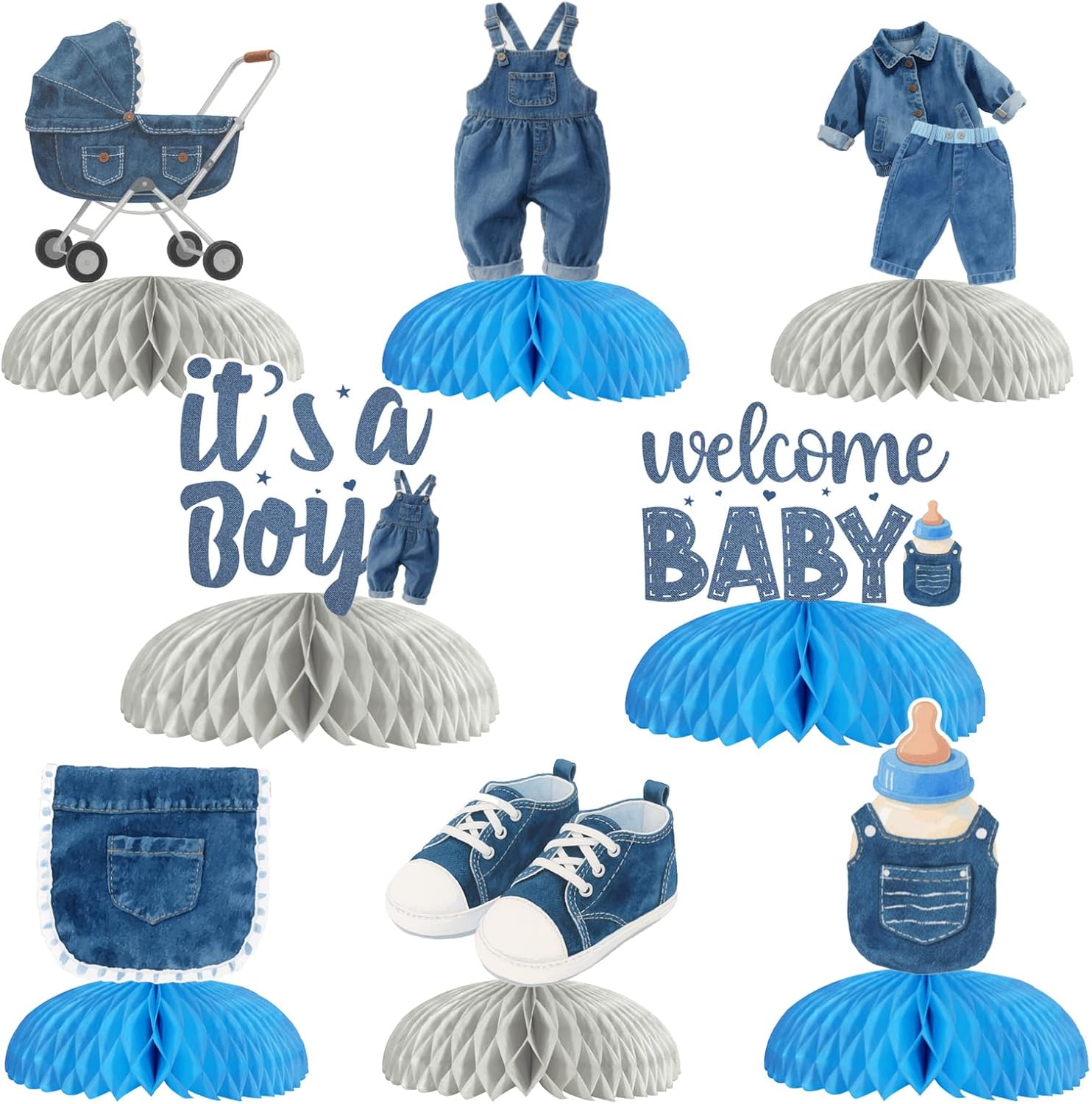 Jollyboom Blue Jean Denim Baby Shower Decorations, 8pcs Welcome Baby It’s a Boy Table Honeycomb Centerpiece for Blue Jean Clothes Gender Reveal Pregnancy Gift