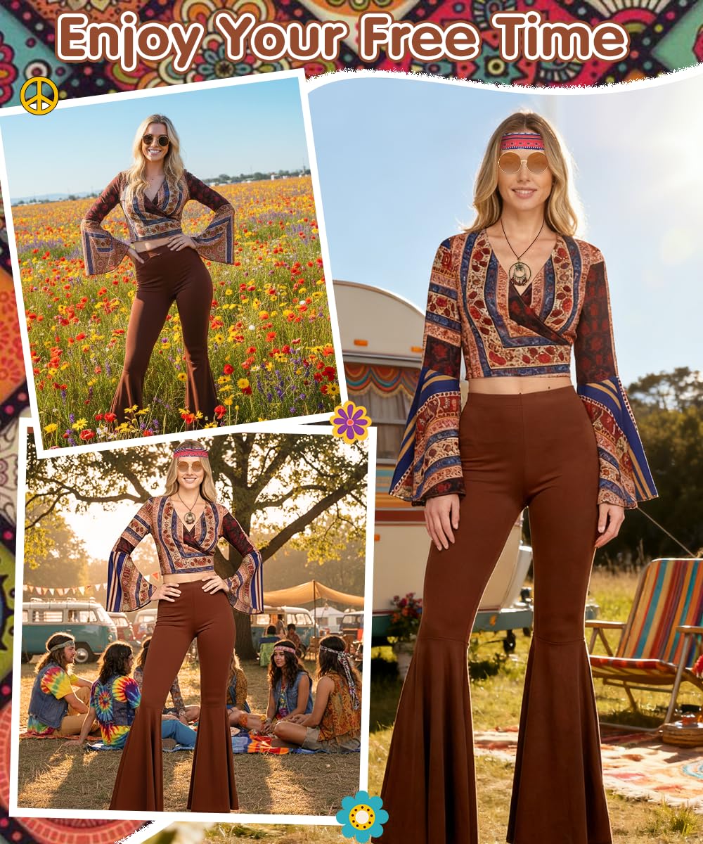 Costume Hippie Donna, Vestiti Hippie e Accessori Bohémien, Costume Anni 60 70 con Maniche a Campana, Abbigliamento Anni 70 per Carnevale, Halloween, Feste Retrò