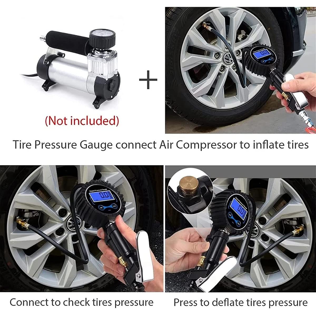 Inflador de neumáticos Digital 0-200PSI con manómetro con 4 Tapas de válvula Indicador de inflado de neumáticos de Acero con Manguera de Goma