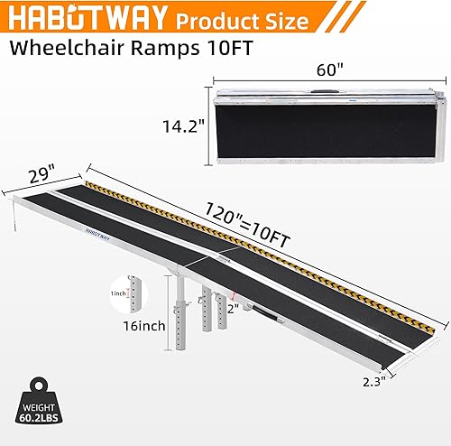 Miniatura 4 de HABUTWAY Rampa para silla de ruedas de 10 pies, rampa portátil para silla de ruedas con patas de apoyo, rampas dobles antideslizantes con capacidad