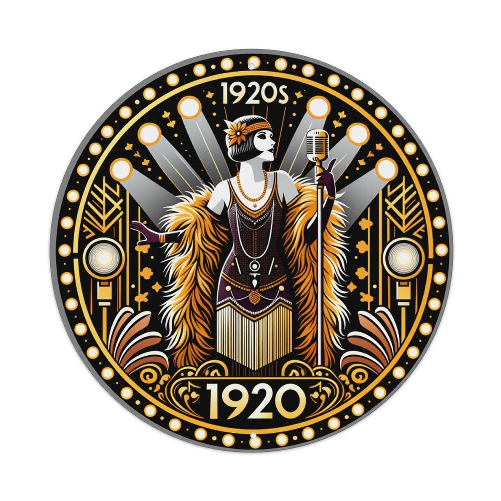 Art Deco Flapper Style Design Round Tin Sign Vintage Metal Poster, Home Bar Garage Man Cave Cafe Indoor & Outdoor Wall Decoration 8x8Inches