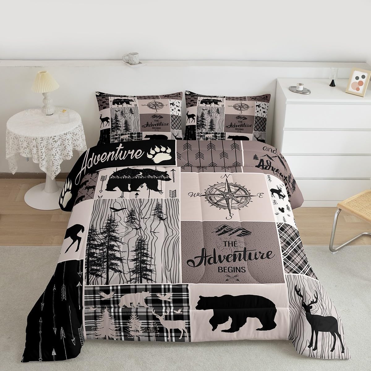 Bear Deer Duvet Insert Full, Rustic Farmhouse Patchwork Comforter Set For Kids Boys Teens Adult, Vintage Cabin Lodge Decor Bedding Set Woodland Animal Duvet Sets Buffalo Plaid Country Decor, Brown