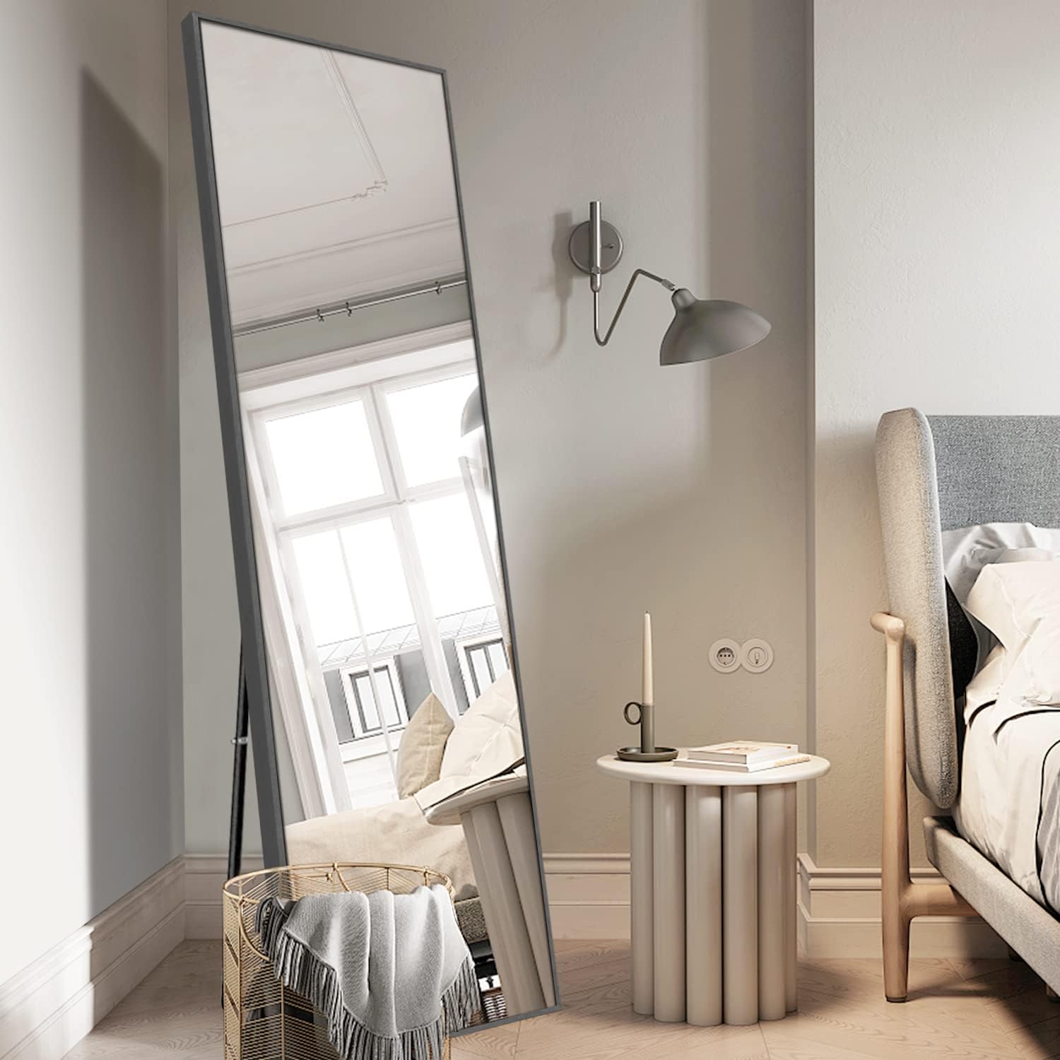 H-A Hans & Alice Large Full Length Mirror, Wood Frame Large Wall Mirror, Dressing Mirror, Living Room Mirror with Stand 65" x22"