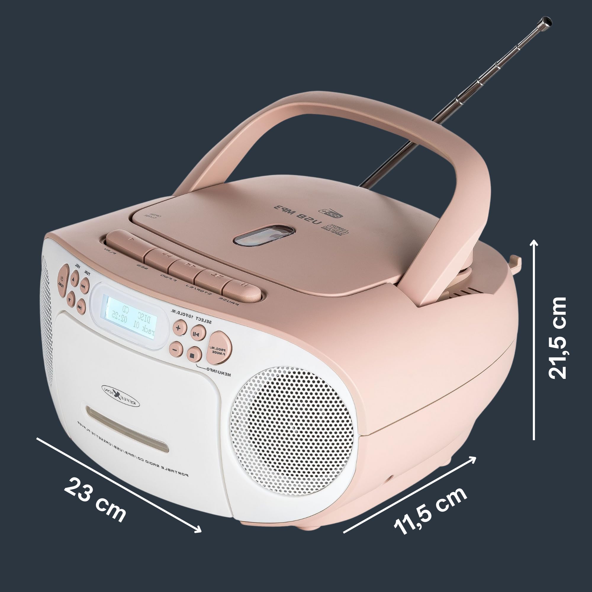 Reflexion RCR2260 CD-Player mit Kassette und Radio für Netz- und Batteriebetrieb (PLL UKW-Radio, LCD-Display, AUX-Eingang, Kopfhörer-Anschluss), weiß/rosa