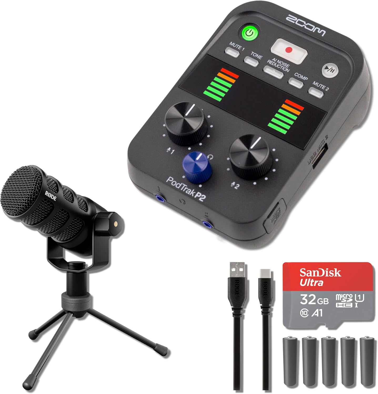 Zoom PodTrak P2 USB Mic Recorder with Rode PodMic USB Dynamic Broadcast Microphone, SC18 USB-C to USB-A Cable, 32GB microSD Card and 5X AA Batteries
