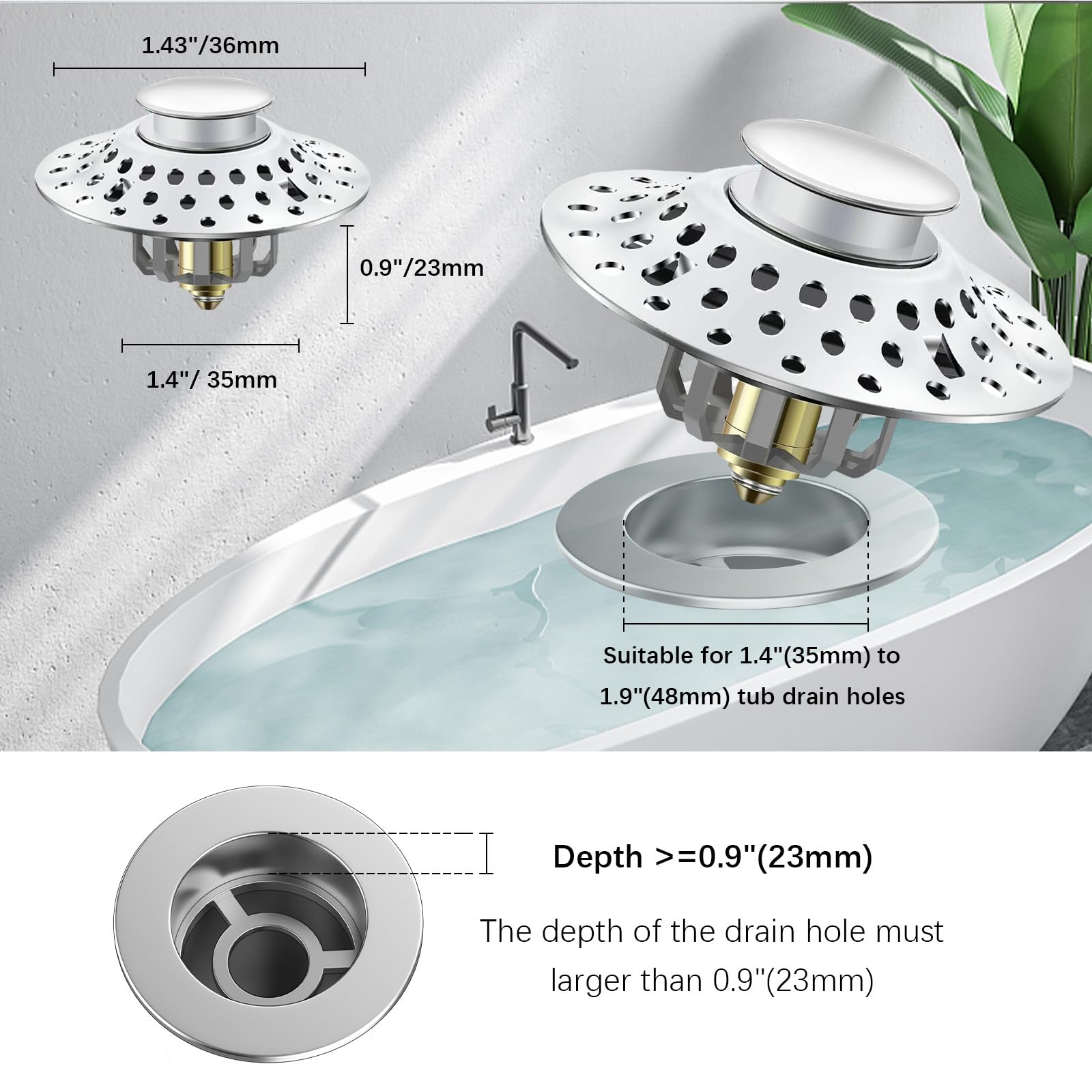 Tapón universal de drenaje para bañera, tapón de drenaje 2 en 1, tapón de drenaje de bañera con diseño de doble filtración, tapón de drenaje desplegable para agujero de drenaje de 1.4 a 2 pulgadas