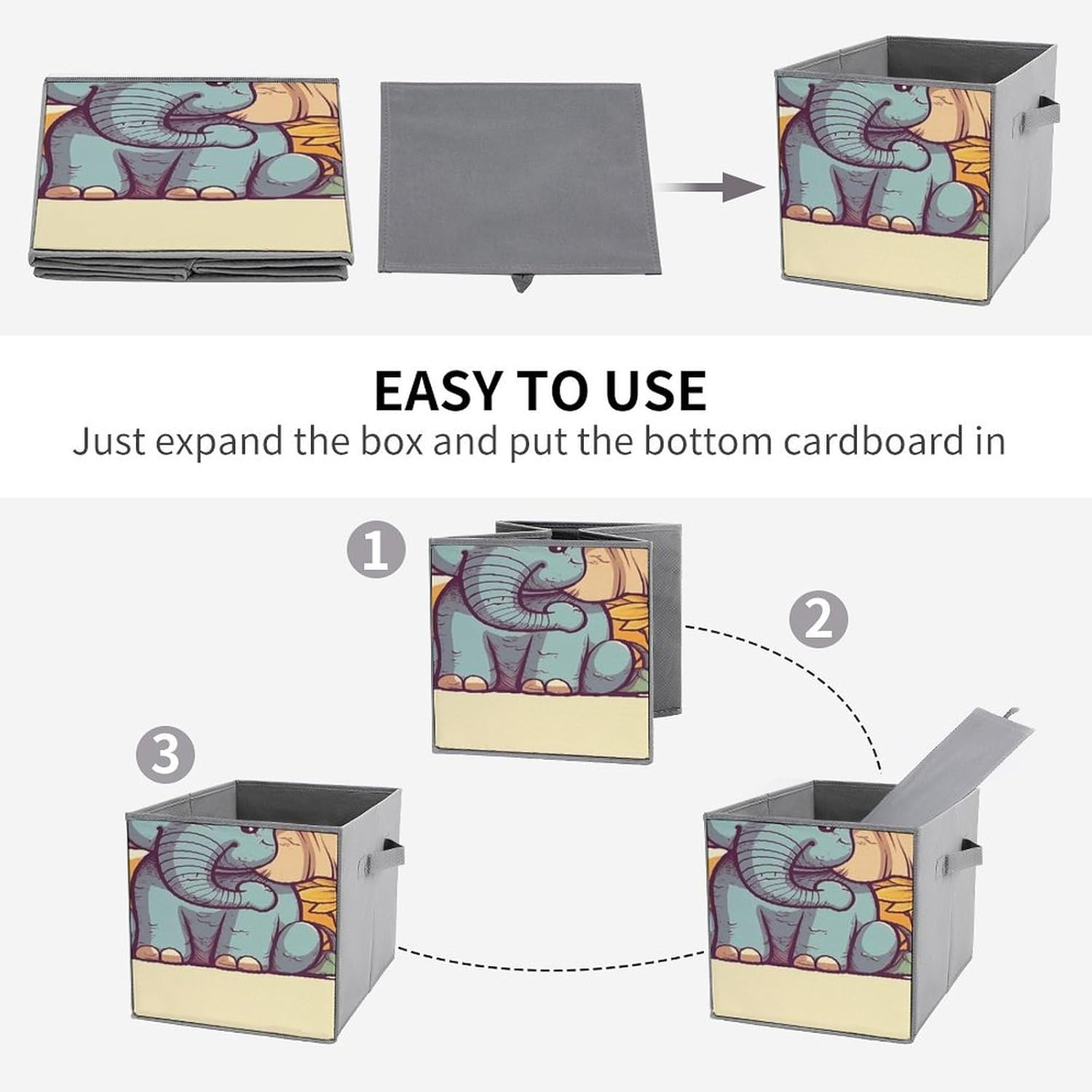 Multi Use Organizer Bins, Cheery Elephant Printed Storage Bins, Foldable Storage Baskets Are Suitable For Bedrooms, Offices, And Cars