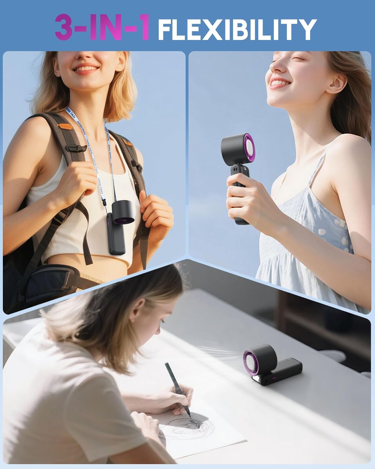 GVY Portable Handheld Fan,1-100 Speed Settings, [Up to 24H Cooling] 4000mAH Rechargeable Battery| Mini Personal Fan for Travel, Beach, Camping| Gifts for Women/Girls (Gray) - Image 6