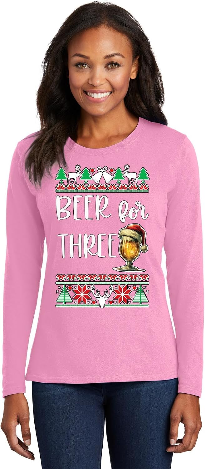 Beer for Three Pregnancy Announcement Baby Reveal Ugly Funny Matching Couples Christmas Womens Long Sleeves