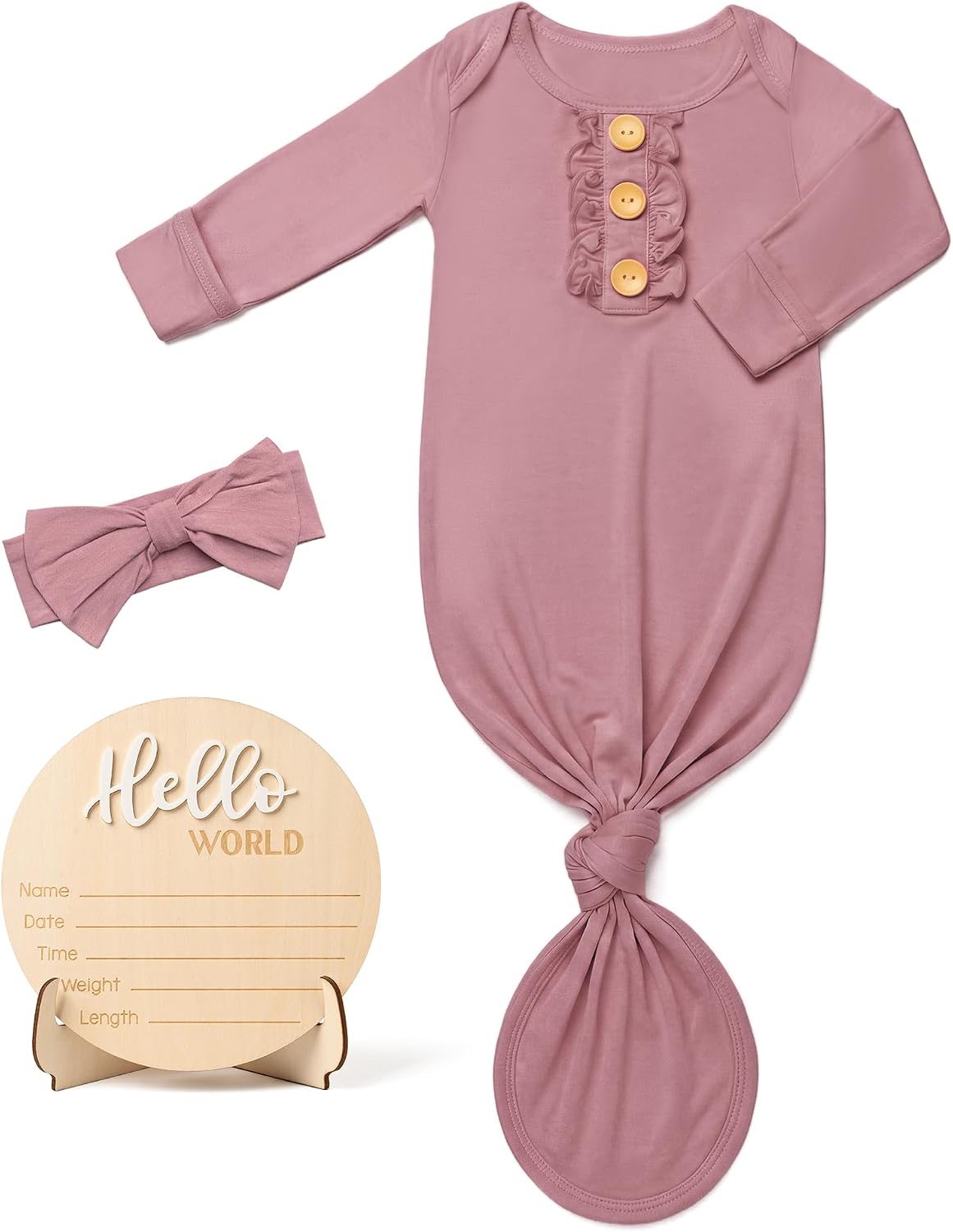 Newborn Knotted Sleepers Gown for Baby Girls with Ruffle, Infant Hospital Outfit Gown with Bow Headband & Announcement Sign